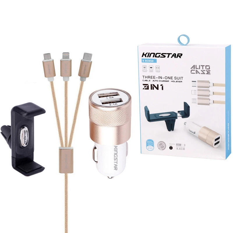 شارژر فندکی KingStar K Box50 2.1A 10.5W + هولدر + کابل 3 سر