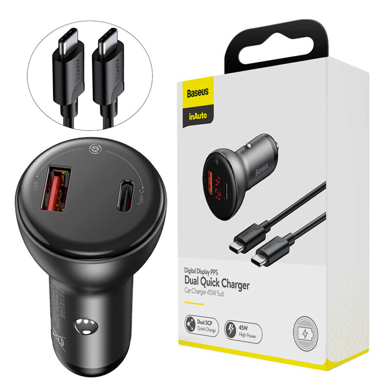 شارژر فندکی فست شارژ Baseus Digital Display PPS TZCCBX-C0G 5A 45W + کابل تایپ سی