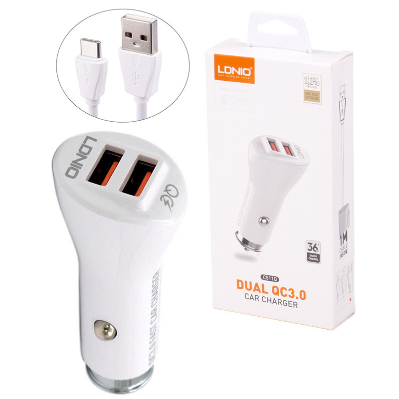 شارژر فندکی فست شارژ Ldnio C511Q 3A QC3.0 36W + کابل تایپ سی