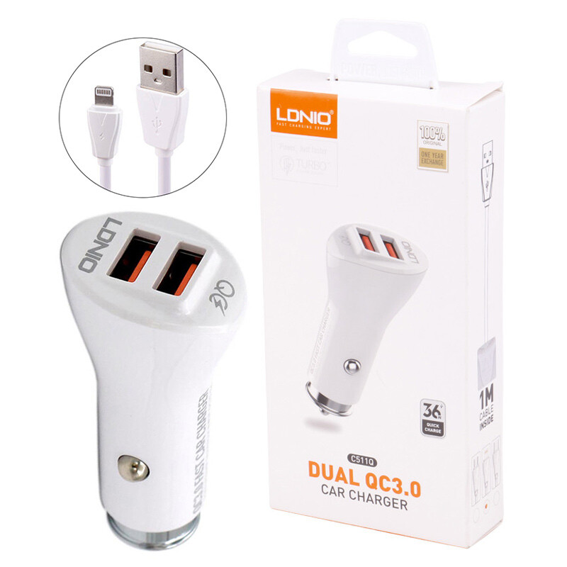 شارژر فندکی فست شارژ Ldnio C511Q 3A QC3.0 36W + کابل آیفونی