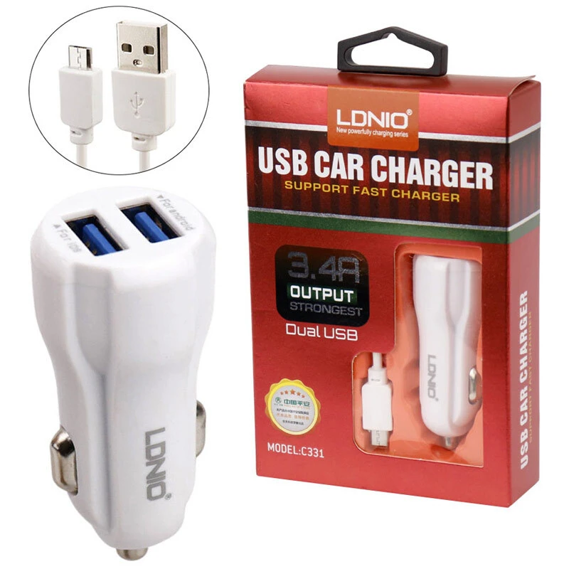 شارژر فندکی فست شارژ Ldnio C331 3.4A 17W + کابل میکرو یو اس بی