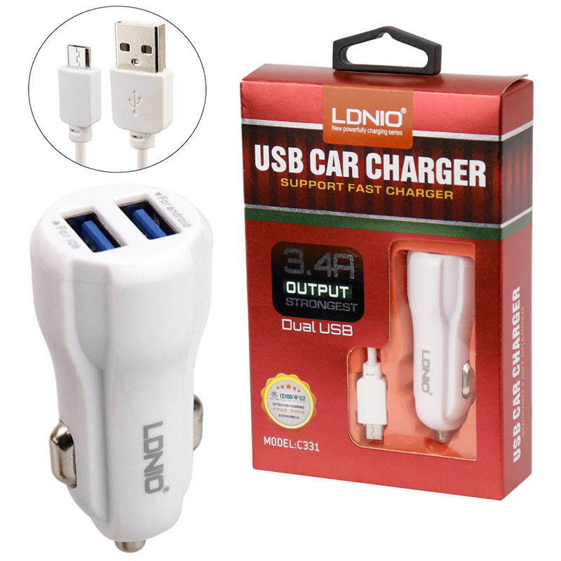 شارژر فندکی فست شارژ Ldnio C331 3.4A 17W + کابل میکرو یو اس بی