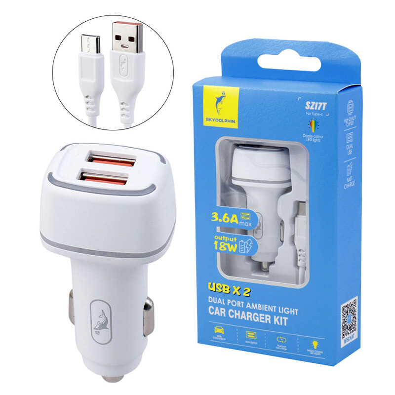 شارژر فندکی فست شارژ Sky Dolphin SZ17T 3.6A 18W + کابل تایپ سی