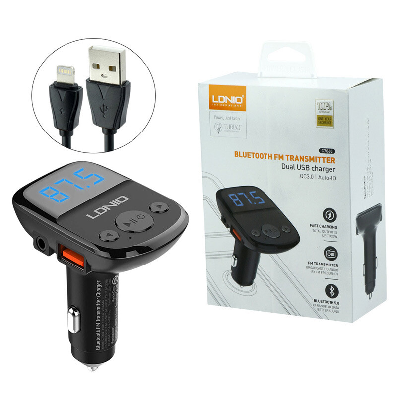 شارژر فندکی + FM Player بلوتوثی Ldnio C706Q QC3.0 25W + کابل آیفونی