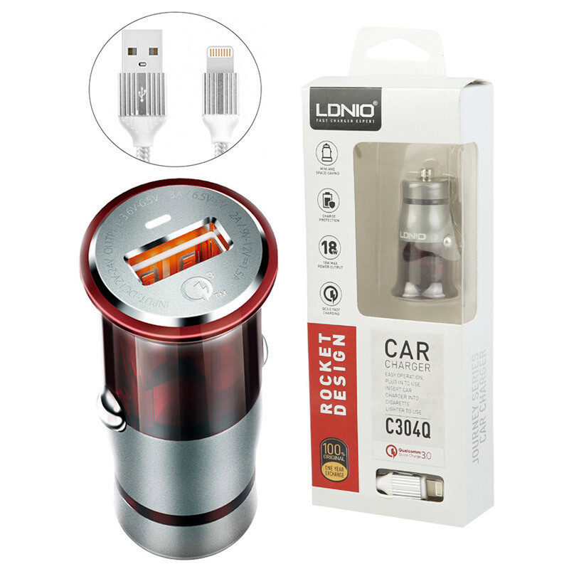 شارژر فندکی فست شارژ Ldnio C304Q 3A QC3.0 PD 18W + کابل آیفونی