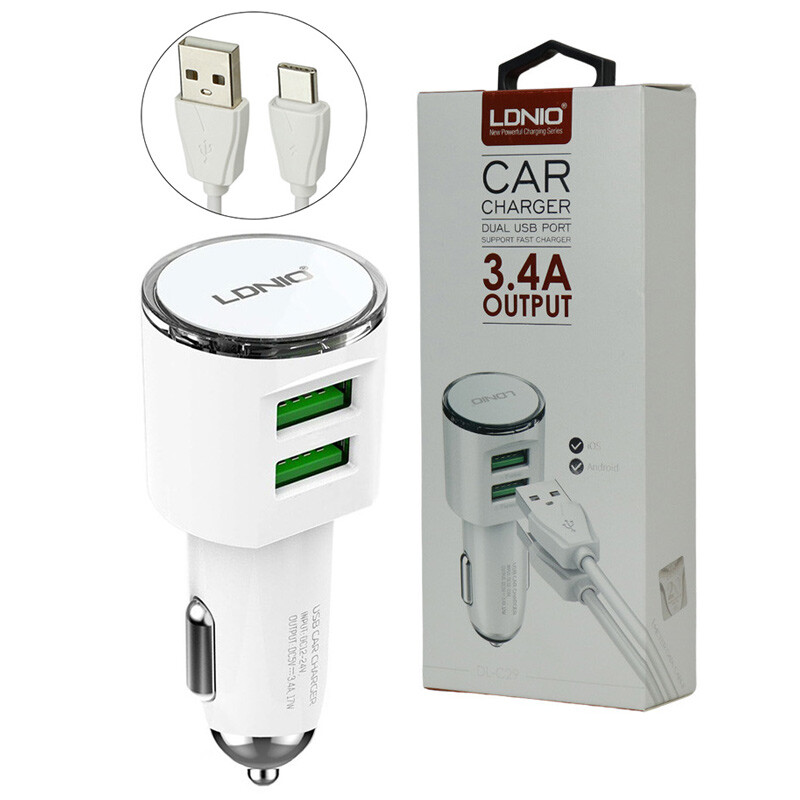شارژر فندکی Ldnio DL-C29 3.4A 17W + کابل تایپ سی