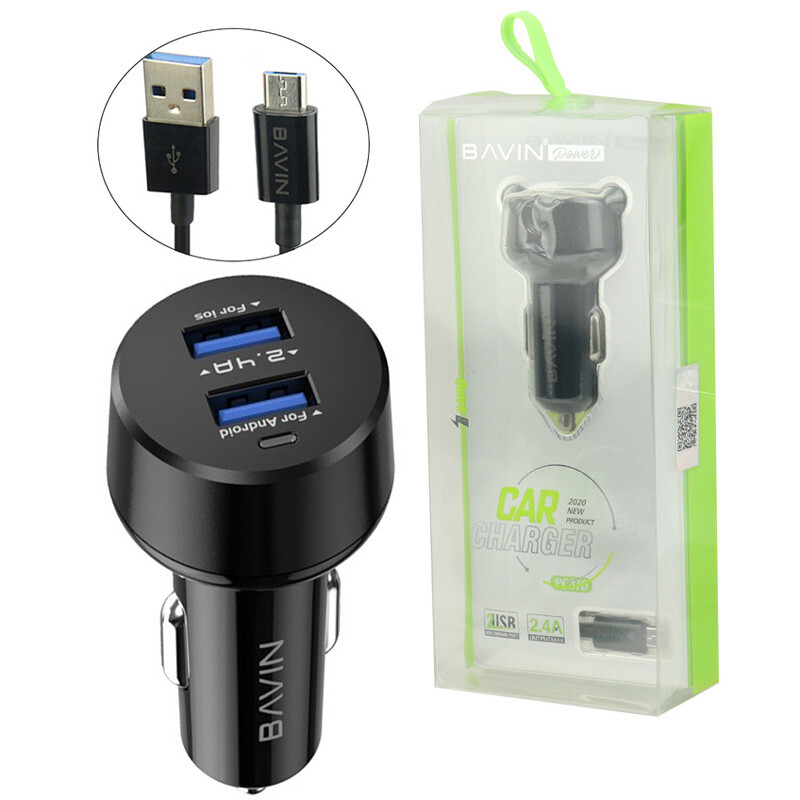 شارژر فندکی فست شارژ Bavin PC310 2.4A 12W + کابل میکرو یو اس بی