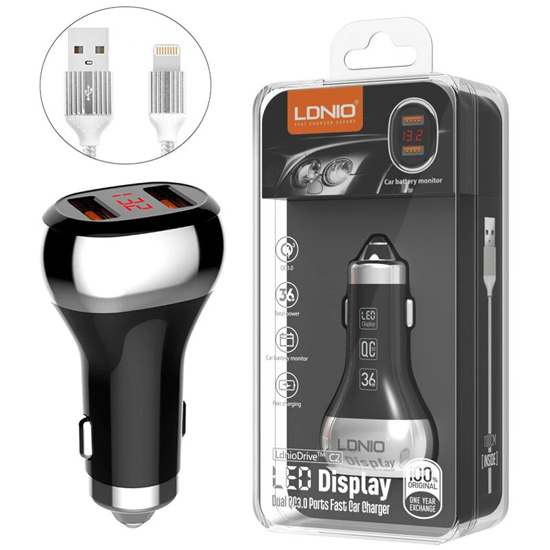 شارژر فندکی فست شارژ Ldnio C2 3A QC3.0 36W + کابل آیفونی