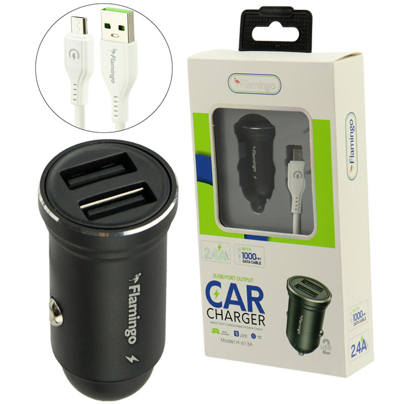شارژر فندکی فست شارژ Flamingo H-613A 2.4A + کابل میکرو یو اس بی