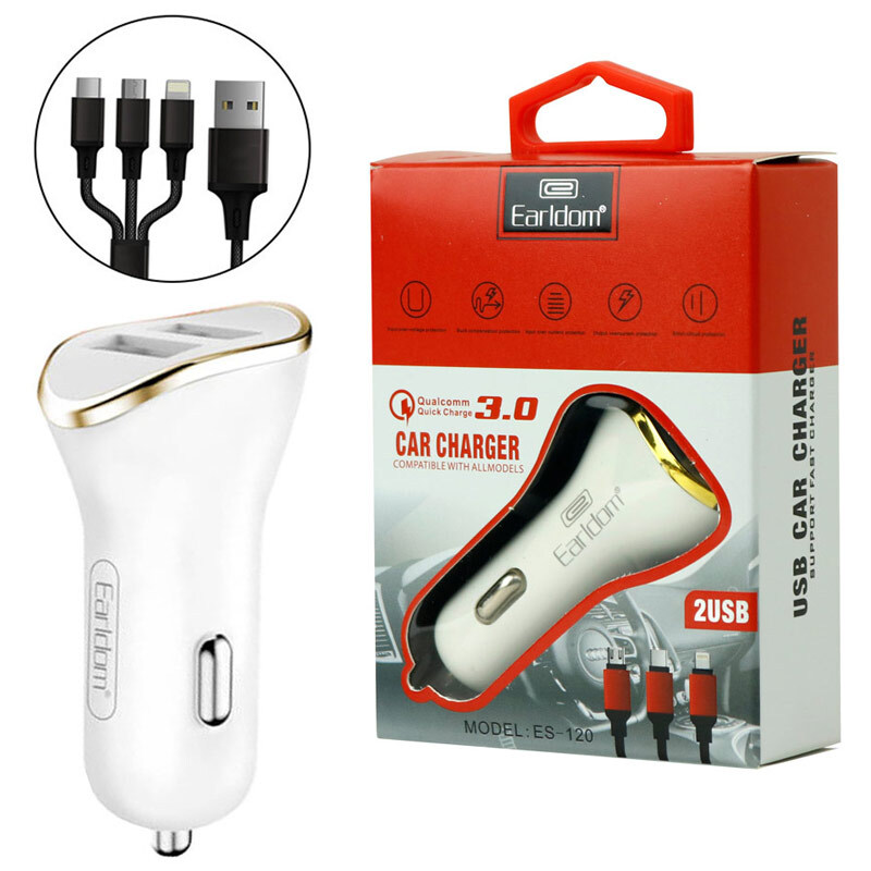 شارژر فندکی فست شارژ Earldom ES-120 2.1A QC3.0 + کابل 3 سر