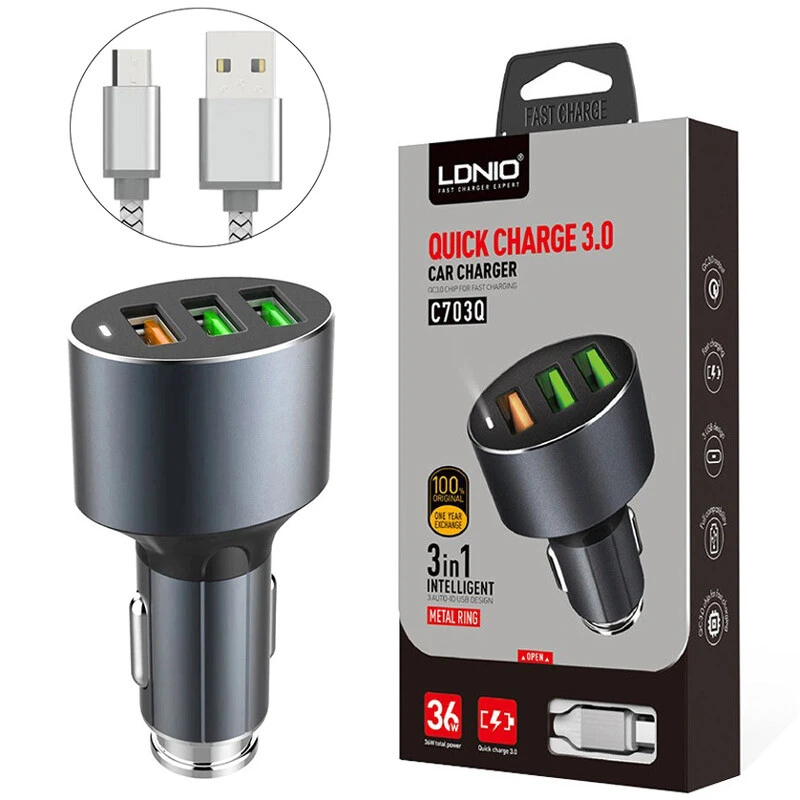 شارژر فندکی فست شارژ Ldnio C703Q 3A QC3.0 36W + کابل میکرو یو اس بی