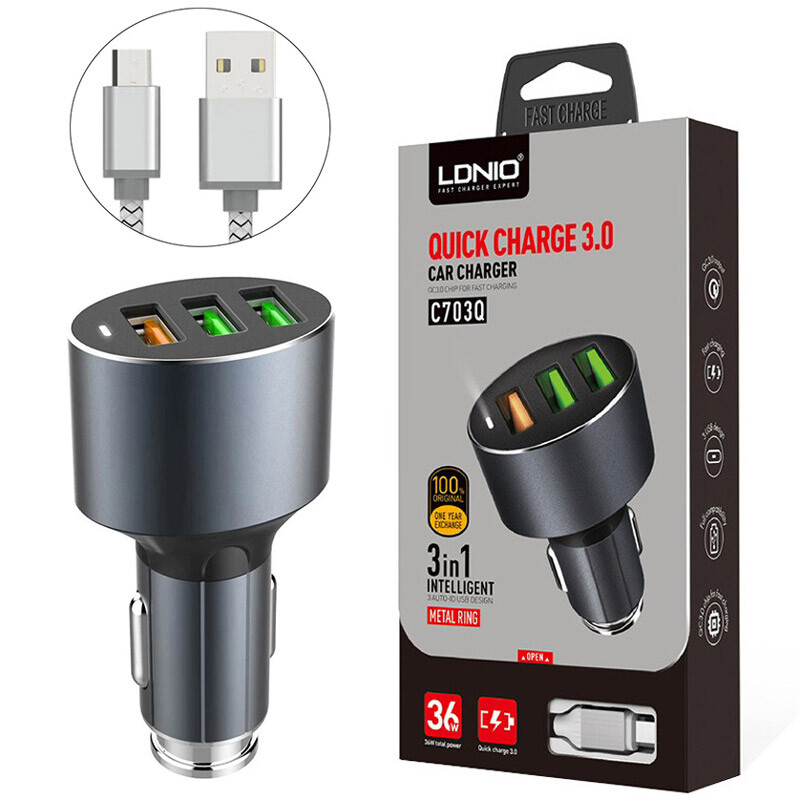 شارژر فندکی فست شارژ Ldnio C703Q 3A QC3.0 36W + کابل میکرو یو اس بی