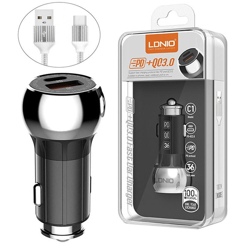 شارژر فندکی فست شارژ Ldnio C1 3A QC3.0 PD 36W + کابل میکرو یو اس بی