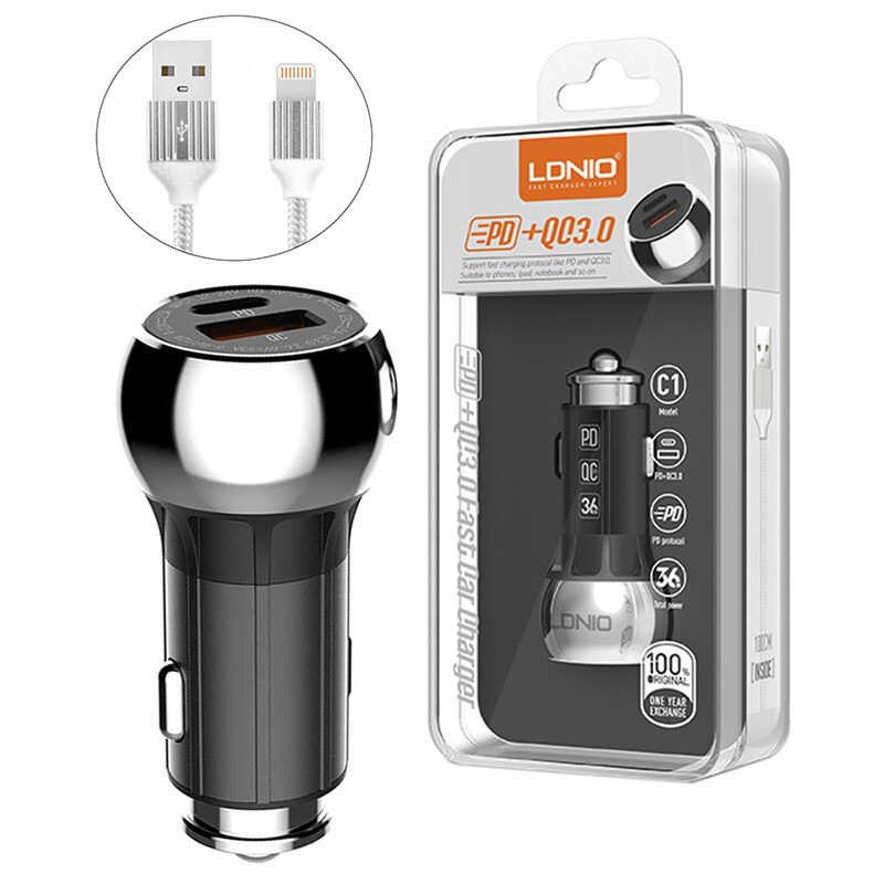 شارژر فندکی فست شارژ Ldnio C1 3A QC3.0 PD 36W + کابل آیفونی