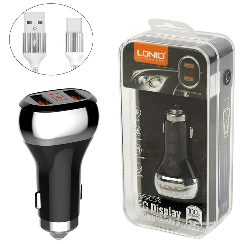 شارژر فندکی فست شارژ LDNIO C2 3A PD QC3.0 + کابل تایپ سی