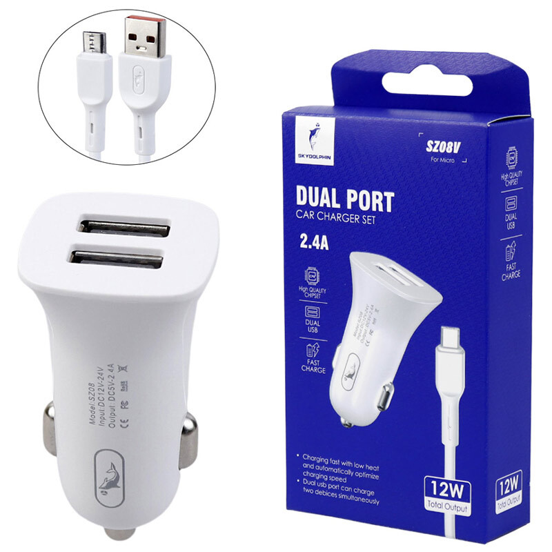 شارژر فندکی فست شارژ Sky Dolphin SZ08 2.4A 12W + کابل میکرو یو اس بی