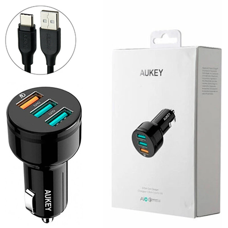 شارژر فندکی فست شارژ Aukey CC-T11 QC3.0 3A 42W + کابل تایپ سی