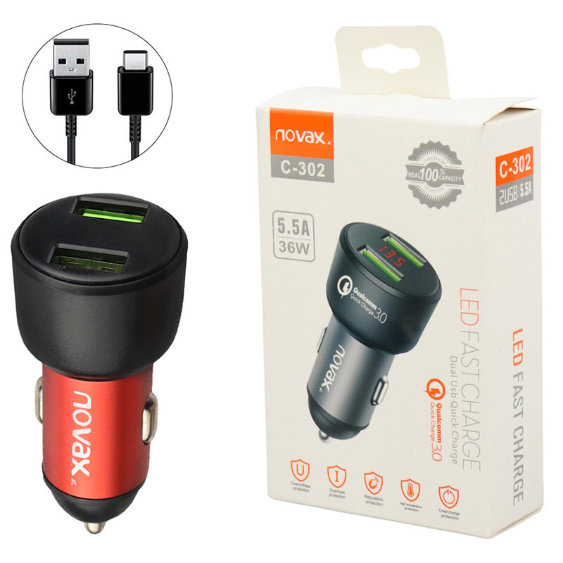 شارژر فندکی فست شارژ Novax C-302 QC3.0 5.5A 36W + کابل Type-C