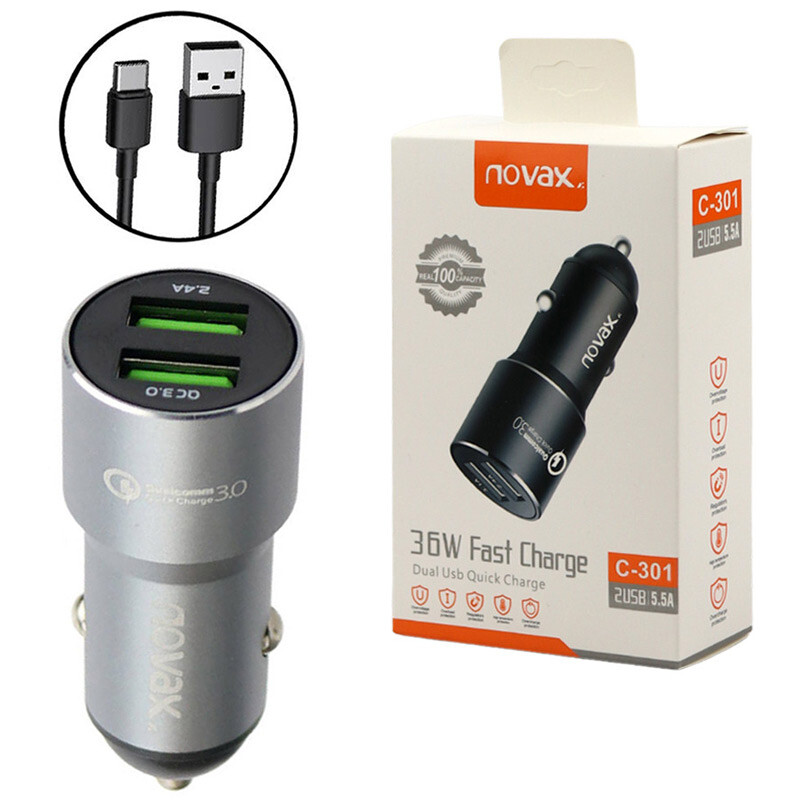 شارژر فندکی فست شارژ Novax C-301 2Port 5.5A QC3.0 36W + کابل Type-C