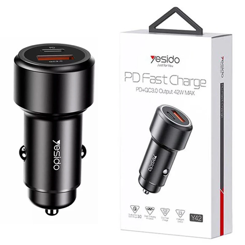 شارژر فندکی فست شارژ Yesido Y42 2.4A QC3.0 PD 42W