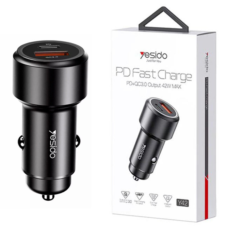 شارژر فندکی فست شارژ Yesido Y42 2.4A QC3.0 PD 42W