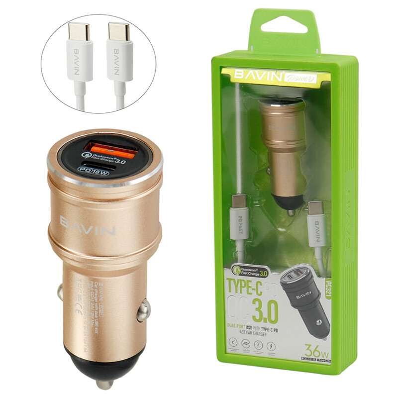 شارژر فندکی فست شارژ Bavin PC321 QC3.0 3.1A PD 36W + کابل تایپ سی