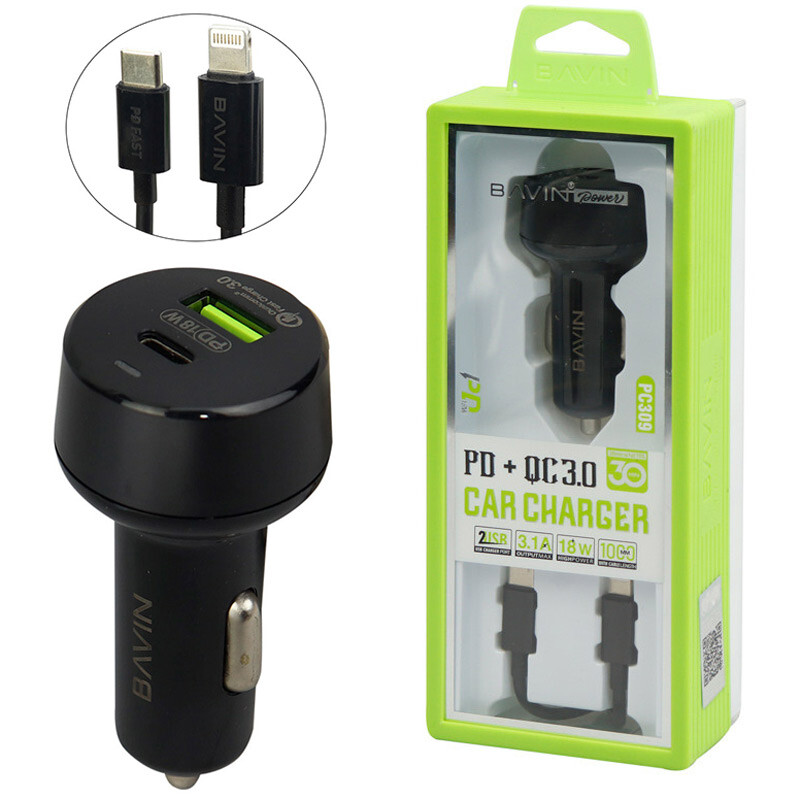 شارژر فندکی فست شارژ Bavin PC309 QC3.0 3.1A PD 18W + کابل آیفونی