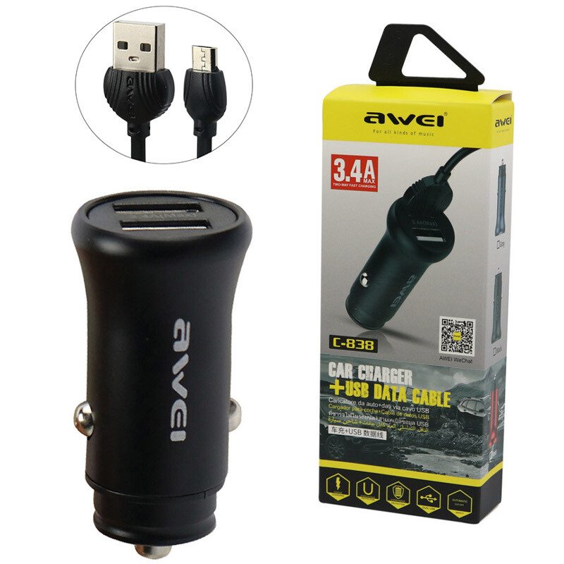 شارژر فندکی فست شارژ Awei C-838 3.4A + کابل میکرو یو اس بی