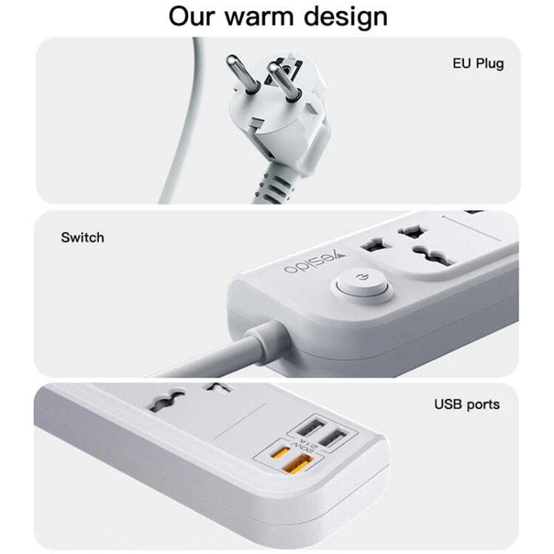 چند راهی 4 خانه یسیدو MC22 با کابل 3 متری + شارژر USB و Type-C