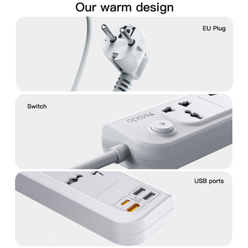 چند راهی 4 خانه برق یسیدو MC22 با کابل 3 متری + شارژر USB و Type-C