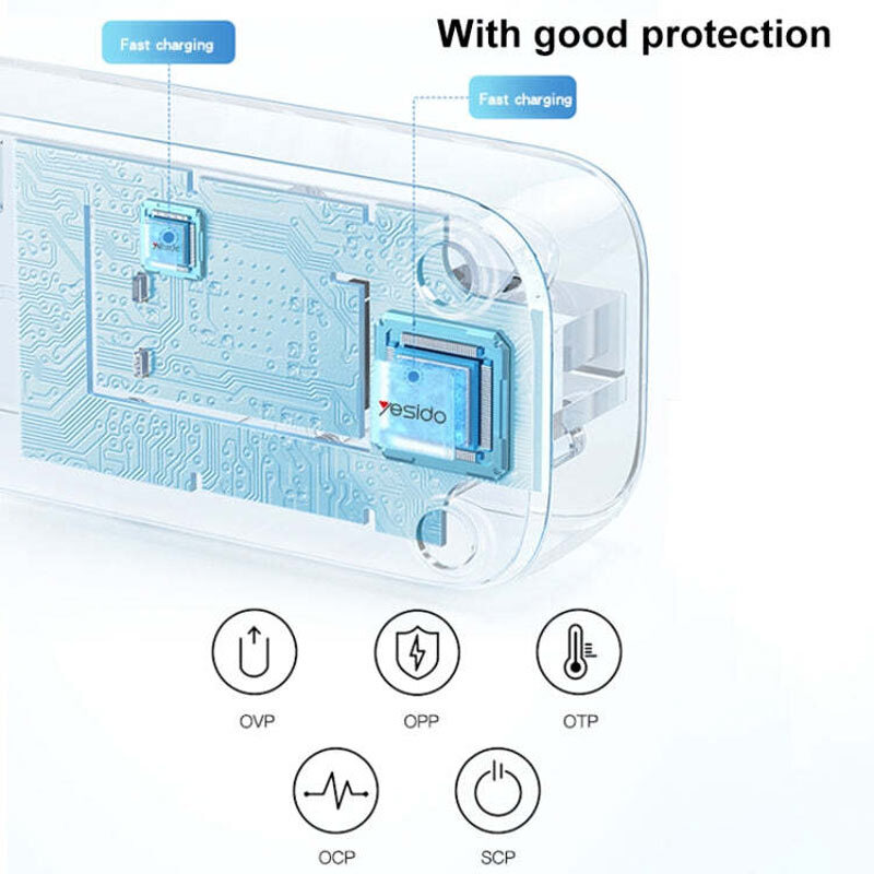 چند راهی 4 خانه برق یسیدو MC22 با کابل 3 متری + شارژر USB و Type-C