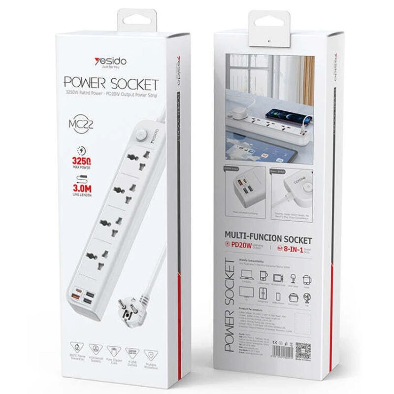 چند راهی 4 خانه یسیدو MC22 با کابل 3 متری + شارژر USB و Type-C