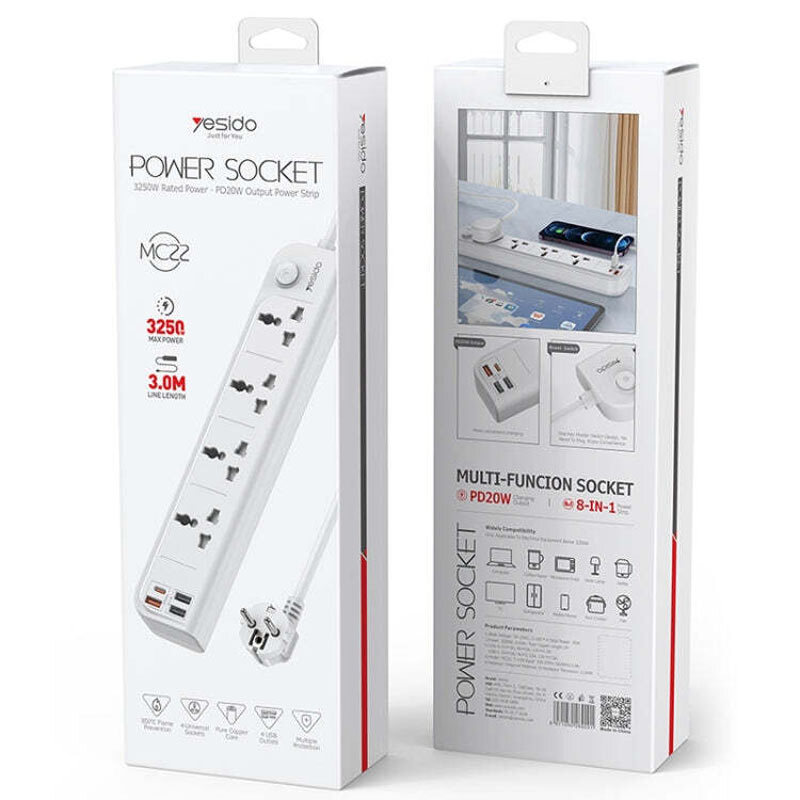 چند راهی 4 خانه برق یسیدو MC22 با کابل 3 متری + شارژر USB و Type-C