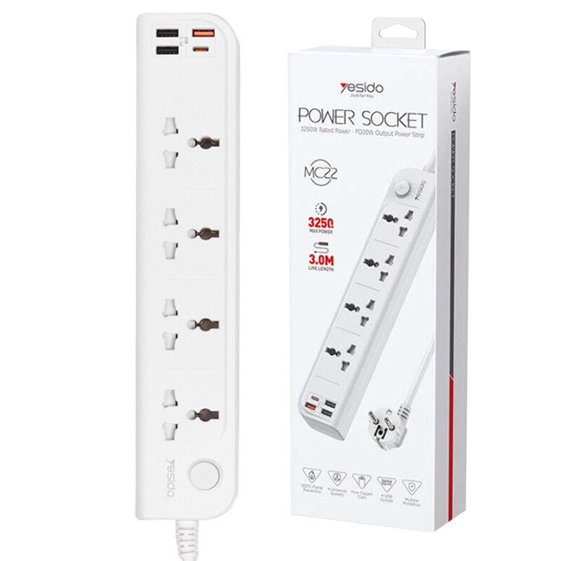 چند راهی 4 خانه برق یسیدو MC22 با کابل 3 متری + شارژر USB و Type-C