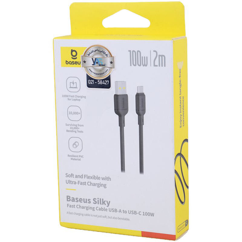 کابل تایپ سی فست شارژ 100 وات باسئوس Silky P10377703113 طول 2 متر