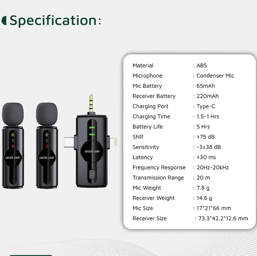 میکروفون یقه ای بی سیم Green Lion GM-80X Type-C/Lightning/3.5mm