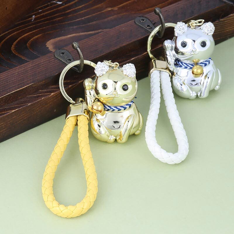 جاکلیدی هولوگرامی نگین دار گربه نشسته + بند آویز