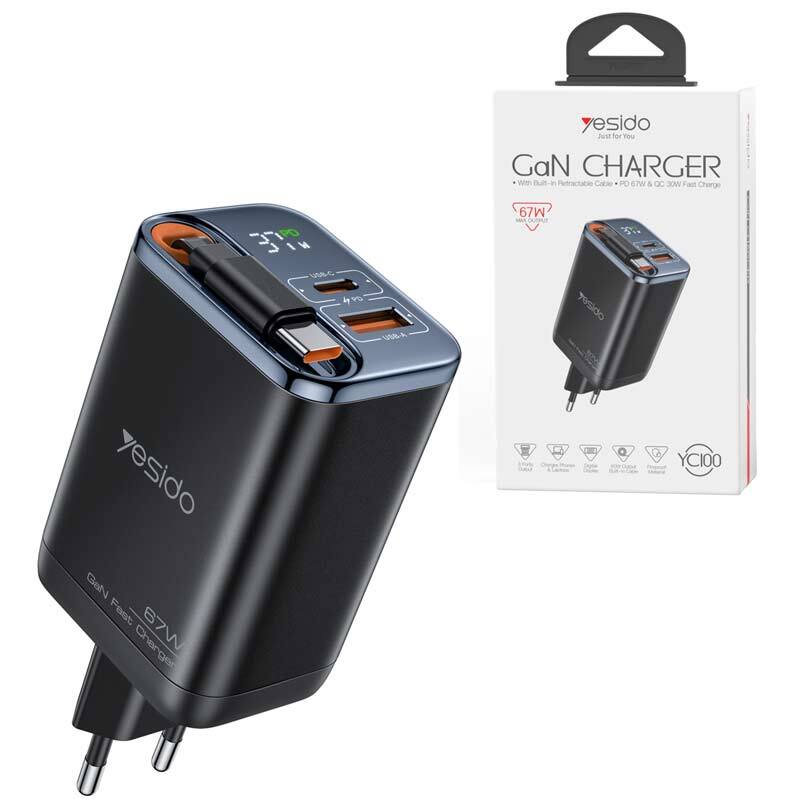 شارژر دیواری 67 وات یسیدو YC100 GaN QC PD 3.35A