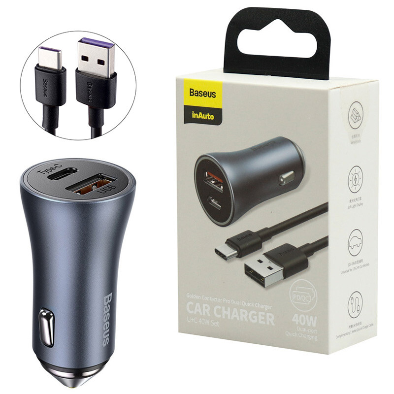 شارژر فندکی فست شارژ Baseus Golden Contactor Pro Dual TZCCJD QC4.0 PD 40W + کابل Type-C