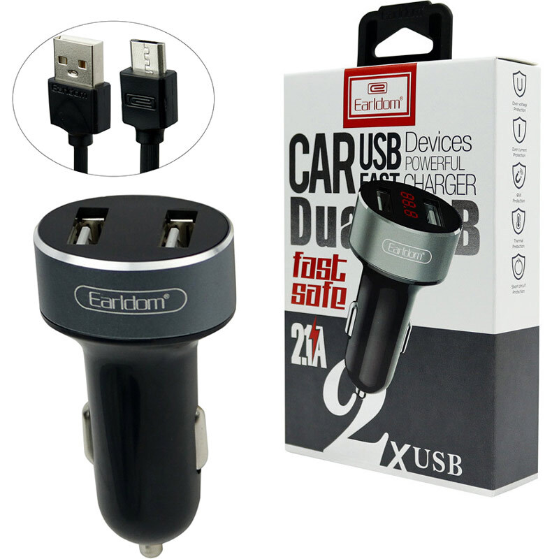 شارژر فندکی Earldom ES-121 2.1A +کابل میکرو یو اس بی