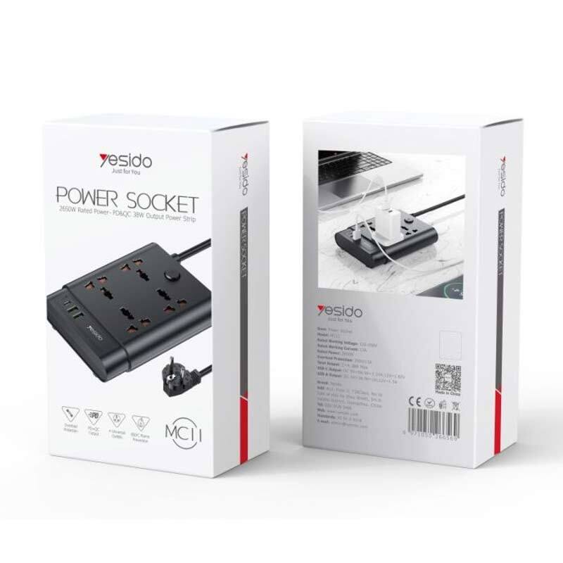 چند راهی 4 خانه یسیدو MC11 با کابل 2 متری + شارژر USB و Type-C