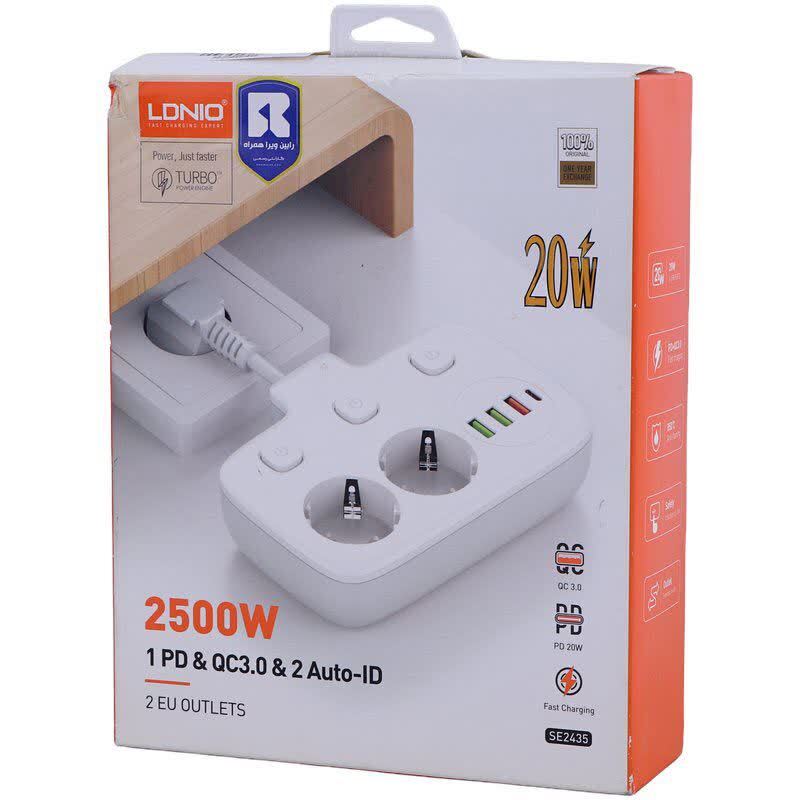 چند راهی 2 خانه برق ارت دار الدینیو SE2435 + شارژر USB و Type-C