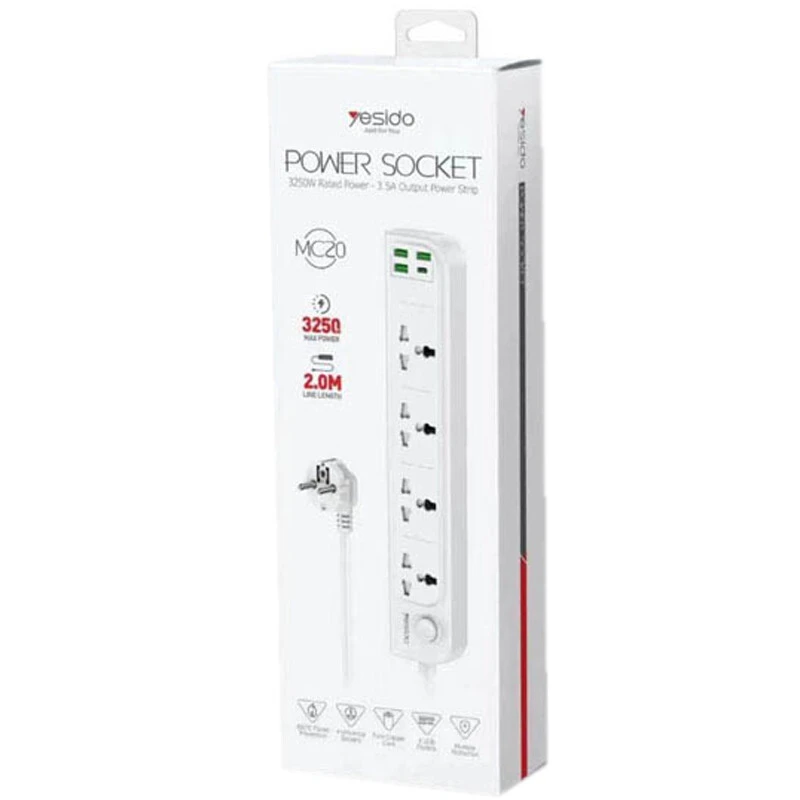 چند راهی 4 خانه یسیدو MC20 با کابل 2 متری + شارژر USB و Type-C