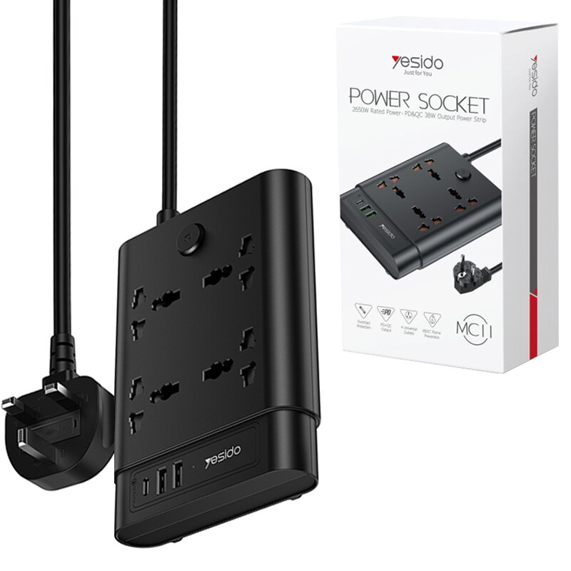 چند راهی 4 خانه برق یسیدو MC11 با کابل 2 متری + شارژر USB و Type-C