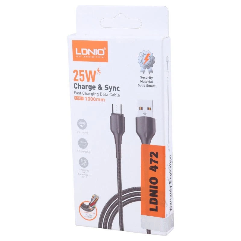 کابل میکرو یو اس بی فست شارژ 25 وات الدینیو LS851 طول 1 متر