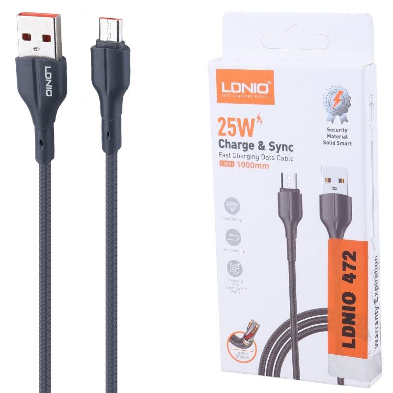 کابل میکرو یو اس بی فست شارژ 25 وات الدینیو LS851 طول 1 متر