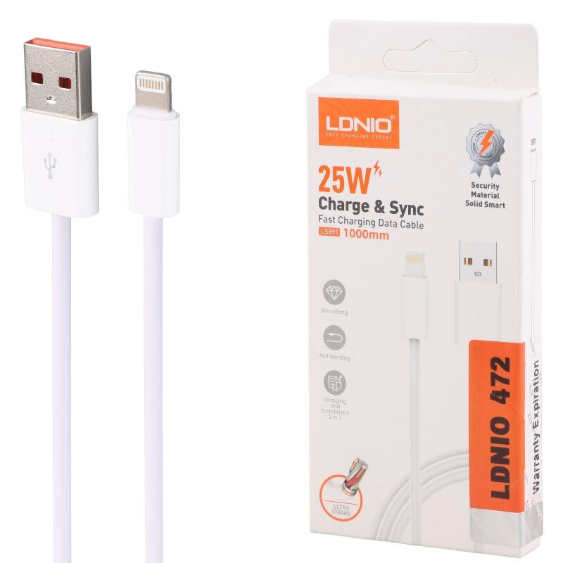 کابل لایتنینگ فست شارژ 25 وات الدینیو LS891 طول 1 متر