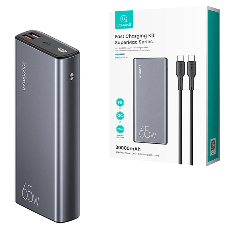 پاور بانک فست شارژ یوسامز US-CM QC3.0 PD 65W ظرفیت 30000 میلی آمپر ساعت