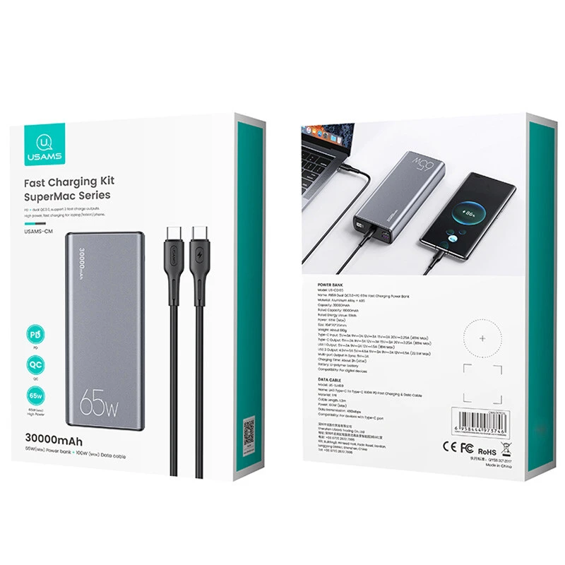 پاور بانک فست شارژ یوسامز US-CM QC3.0 PD 65W ظرفیت 30000 میلی آمپر ساعت