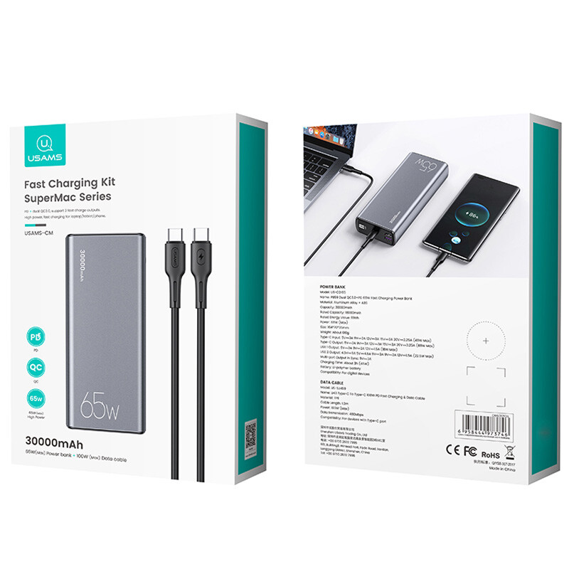 پاور بانک فست شارژ یوسامز US-CM QC3.0 PD 65W ظرفیت 30000 میلی آمپر ساعت